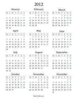 2012 Yearly Calendar with Monday as the First Day