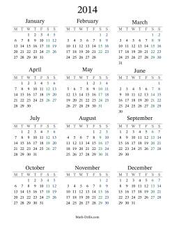 2014 Yearly Calendar with Monday as the First Day