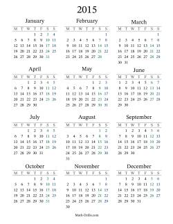 2015 Yearly Calendar with Monday as the First Day