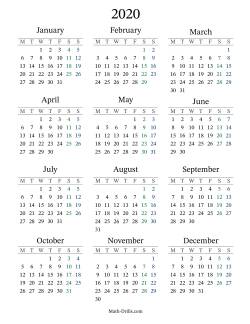 2020 Yearly Calendar with Monday as the First Day