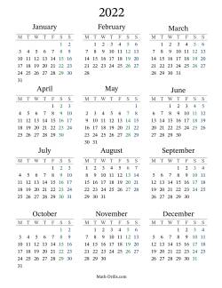 2022 Yearly Calendar with Monday as the First Day