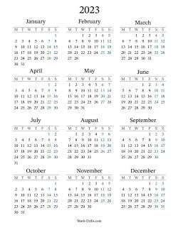 2023 Yearly Calendar with Monday as the First Day