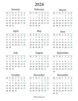 2024 Yearly Calendar with Monday as the First Day