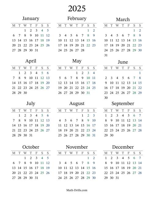 The 2025 Yearly Calendar with Monday as the First Day Math Worksheet