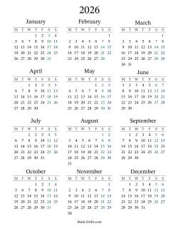 2026 Yearly Calendar with Monday as the First Day