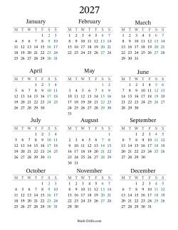 2027 Yearly Calendar with Monday as the First Day