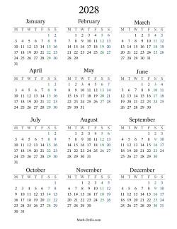 2028 Yearly Calendar with Monday as the First Day