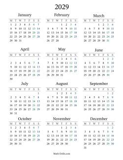2029 Yearly Calendar with Monday as the First Day