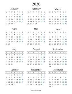 2030 Yearly Calendar with Monday as the First Day