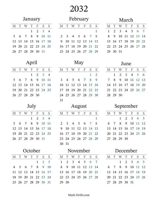 2032 Yearly Calendar with Monday as the First Day