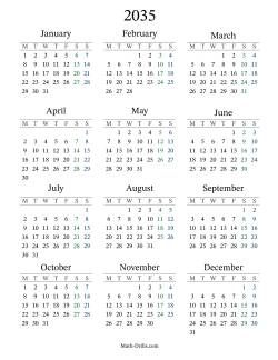 2035 Yearly Calendar with Monday as the First Day