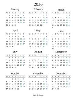 2036 Yearly Calendar with Monday as the First Day