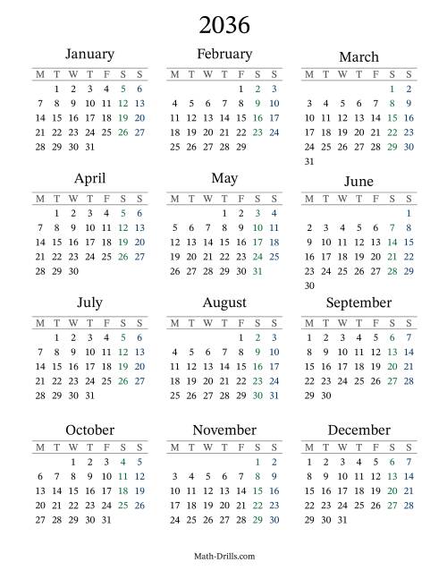 The 2036 Yearly Calendar with Monday as the First Day Math Worksheet