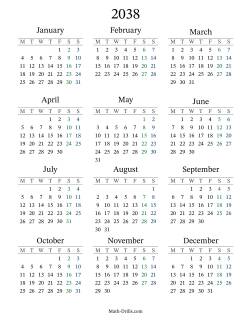 2038 Yearly Calendar with Monday as the First Day
