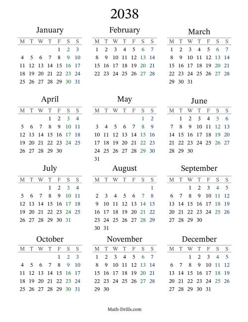 The 2038 Yearly Calendar with Monday as the First Day Math Worksheet