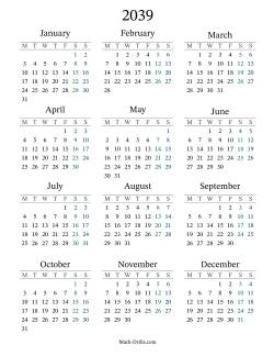 2039 Yearly Calendar with Monday as the First Day