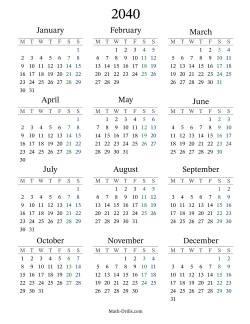 2040 Yearly Calendar with Monday as the First Day