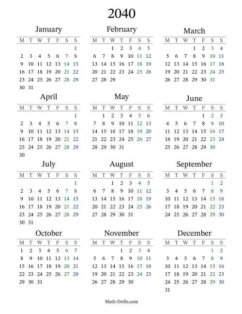 The 2040 Yearly Calendar with Monday as the First Day Math Worksheet