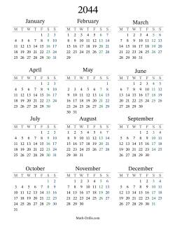 2044 Yearly Calendar with Monday as the First Day