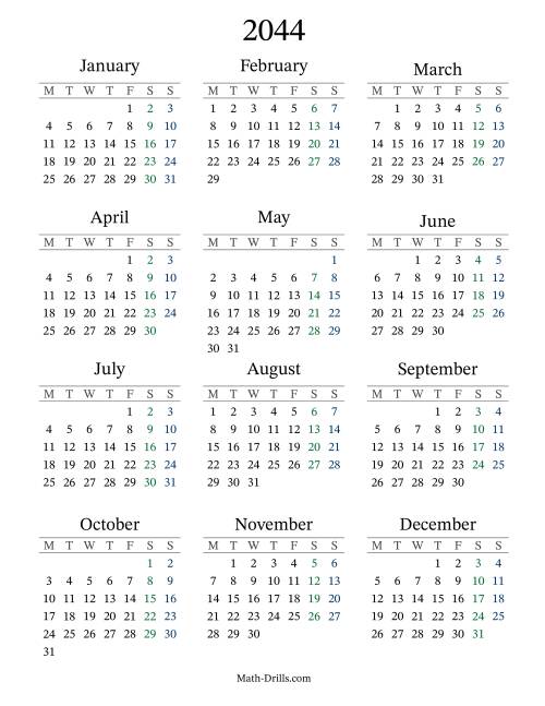 The 2044 Yearly Calendar with Monday as the First Day Math Worksheet
