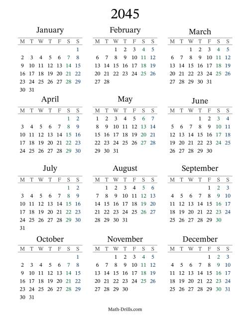 The 2045 Yearly Calendar with Monday as the First Day Math Worksheet