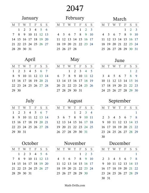 2047 Yearly Calendar with Monday as the First Day