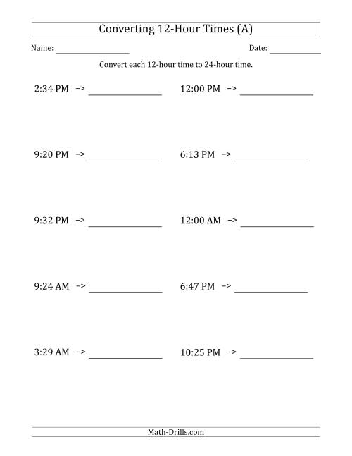 The Converting From 12-Hour to 24-Hour Times (A) Math Worksheet