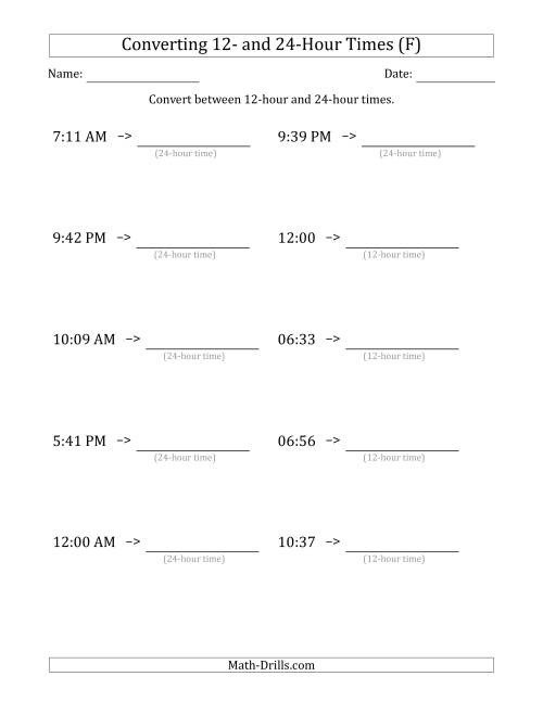 The Converting Between 12-Hour and 24-Hour Times (F) Math Worksheet