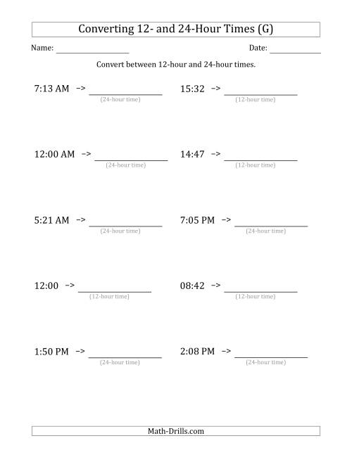 The Converting Between 12-Hour and 24-Hour Times (G) Math Worksheet