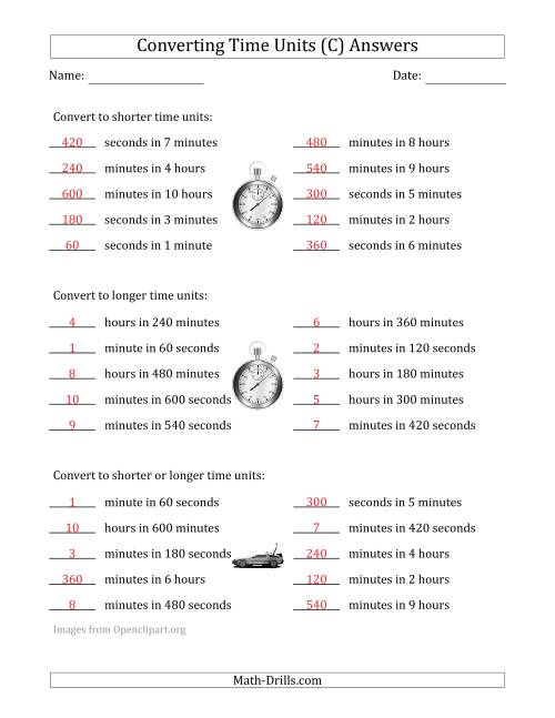 The Converting Between Time Units Including Seconds, Minutes and Hours (One Step Up or Down) (C) Math Worksheet Page 2
