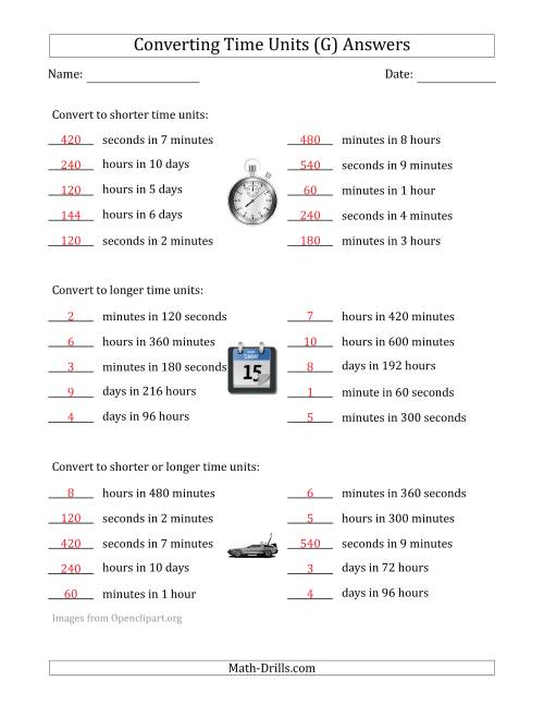 The Converting Between Time Units Including Seconds, Minutes, Hours and Days (One Step Up or Down) (G) Math Worksheet Page 2