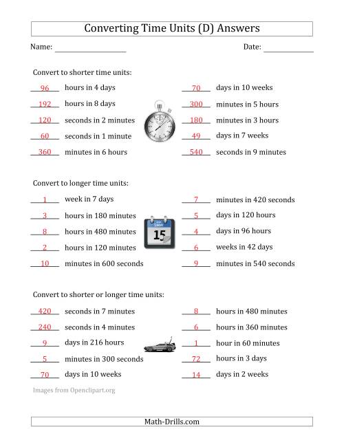 The Converting Between Time Units Including Seconds, Minutes, Hours, Days and Weeks (One Step Up or Down) (D) Math Worksheet Page 2