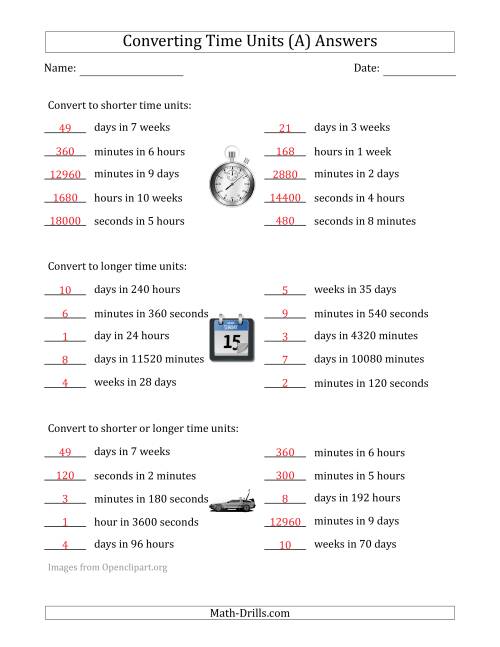 The Converting Between Time Units Including Seconds, Minutes, Hours, Days and Weeks (One or Two Steps Up or Down) (All) Math Worksheet Page 2