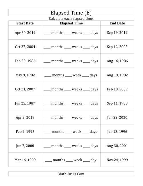 The Calculating the Elapsed Time Between Two Dates in Days, Weeks and Months (E) Math Worksheet