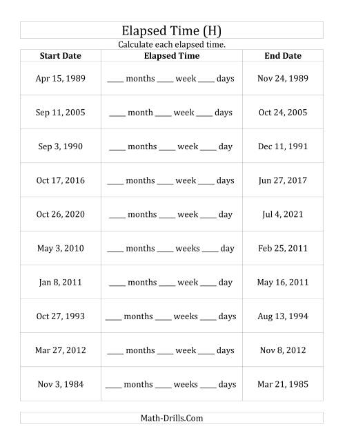The Calculating the Elapsed Time Between Two Dates in Days, Weeks and Months (H) Math Worksheet