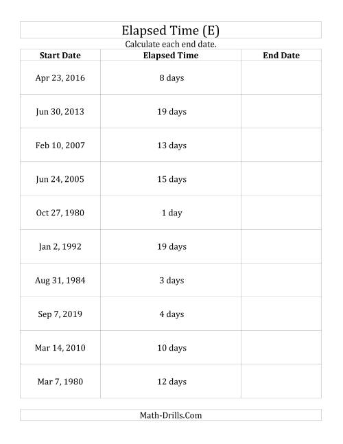 The Calculating the End Date From the Start Date and Elapsed Time in Days (E) Math Worksheet