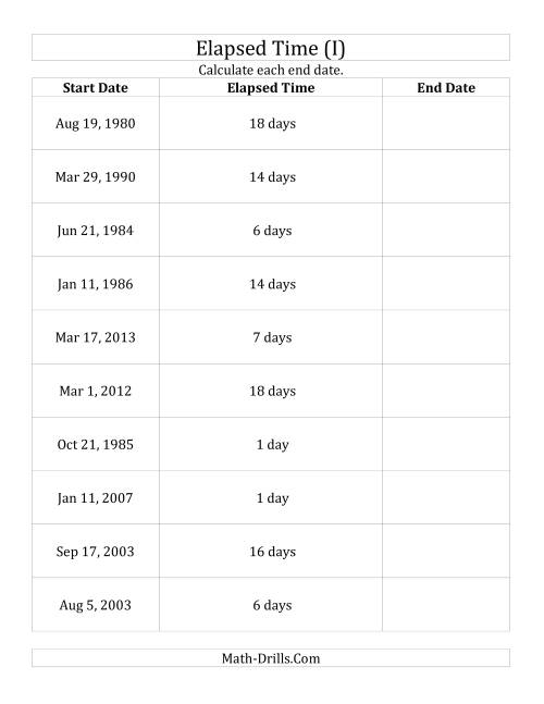 The Calculating the End Date From the Start Date and Elapsed Time in Days (I) Math Worksheet