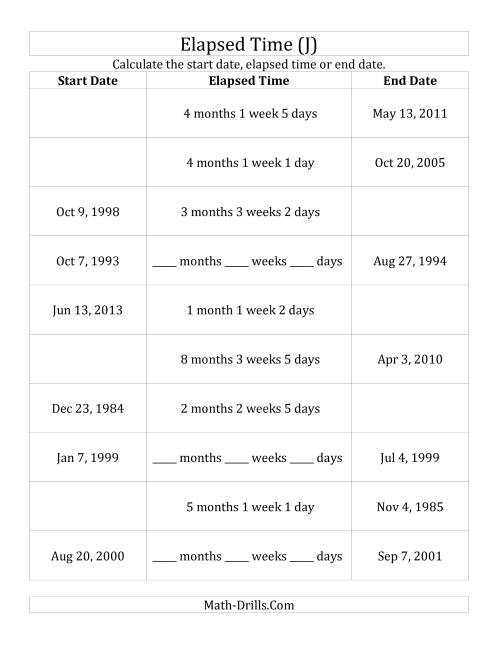 The Calculating Various Start Dates, Elapsed Times and End Dates in Days, Weeks and Months (J) Math Worksheet