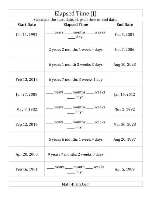 The Calculating Various Start Dates, Elapsed Times and End Dates in Days, Weeks, Months and Years (J) Math Worksheet