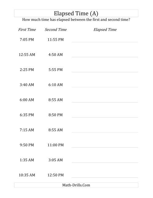 The Elapsed Time up to 5 Hours in 5 Minute Intervals (A) Math Worksheet
