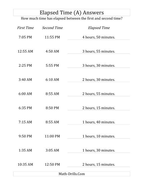 The Elapsed Time up to 5 Hours in 5 Minute Intervals (A) Math Worksheet Page 2