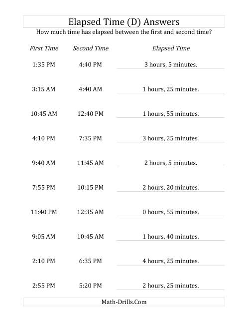 The Elapsed Time up to 5 Hours in 5 Minute Intervals (D) Math Worksheet Page 2