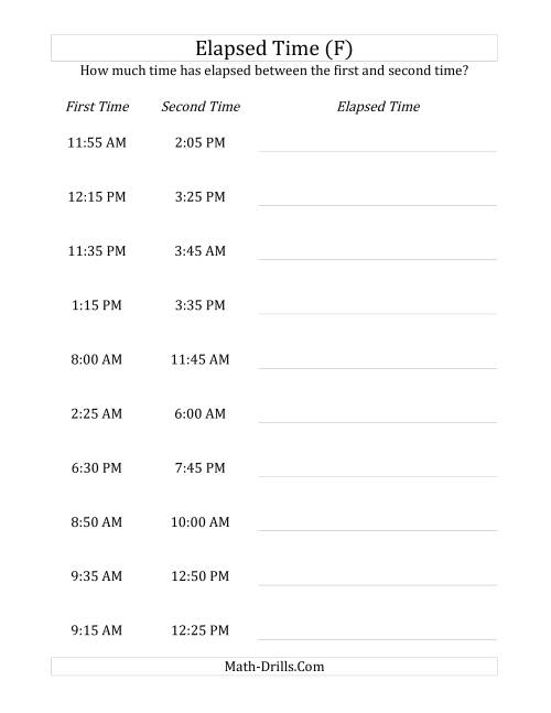 The Elapsed Time up to 5 Hours in 5 Minute Intervals (F) Math Worksheet