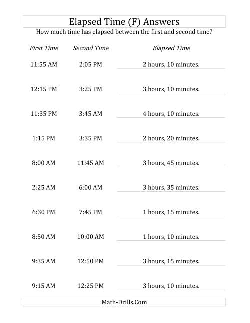 The Elapsed Time up to 5 Hours in 5 Minute Intervals (F) Math Worksheet Page 2