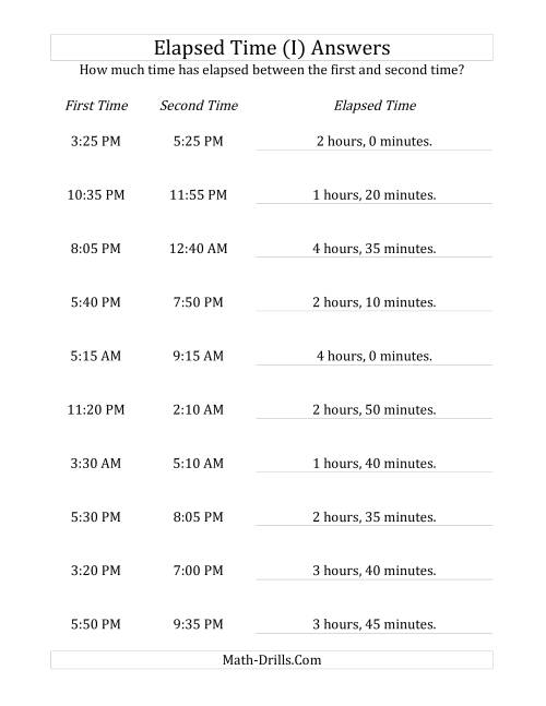 The Elapsed Time up to 5 Hours in 5 Minute Intervals (I) Math Worksheet Page 2