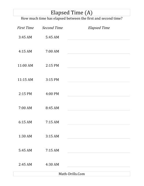 The Elapsed Time up to 5 Hours in 15 Minute Intervals (All) Math Worksheet