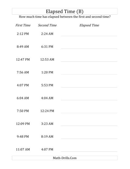 The Elapsed Time up to 24 Hours in 1 Minute Intervals (B) Math Worksheet
