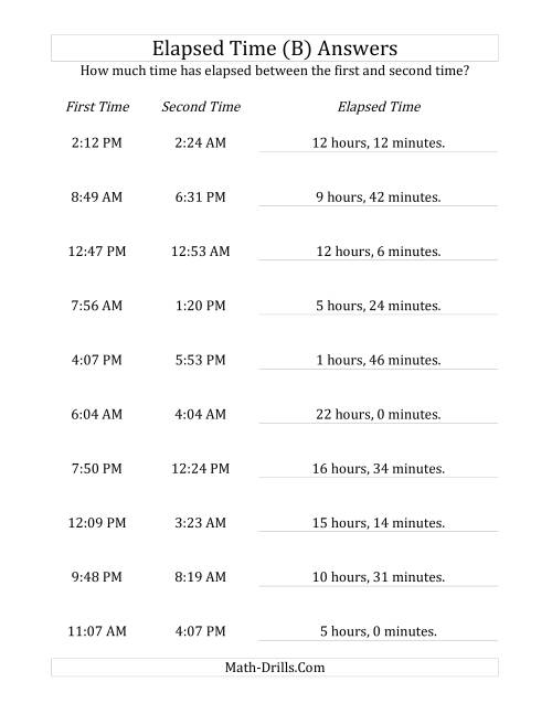 The Elapsed Time up to 24 Hours in 1 Minute Intervals (B) Math Worksheet Page 2