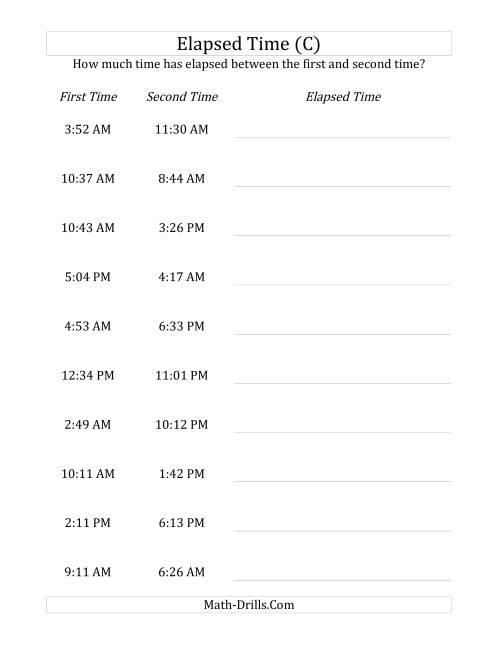 The Elapsed Time up to 24 Hours in 1 Minute Intervals (C) Math Worksheet
