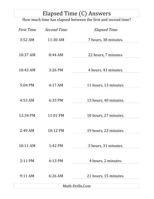 The Elapsed Time up to 24 Hours in 1 Minute Intervals (C) Math Worksheet Page 2
